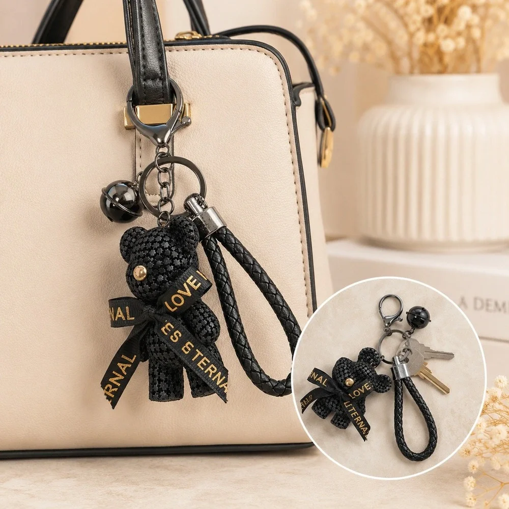 Black Teddy Bear Keychain Braided Leather Strap Bag Charm Love Is Eternal Bow